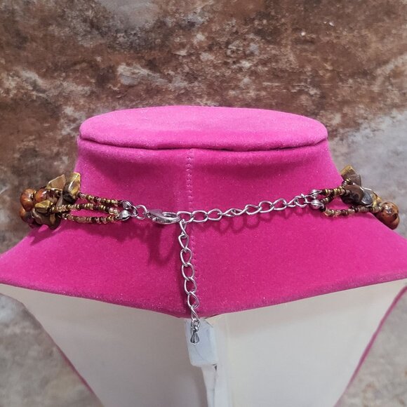 Multi Strand Beaded Necklace Brown Amber Bronze Beads - Picture 3 of 10